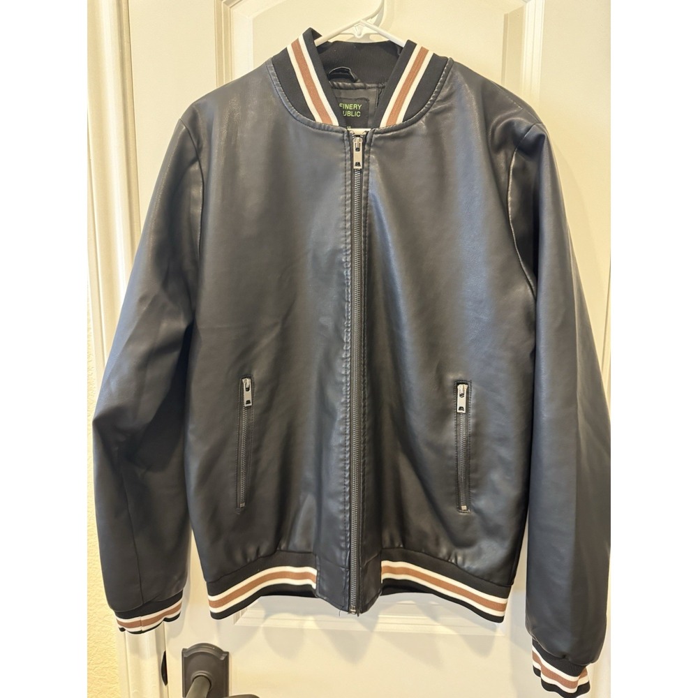 Refinery Republic Faux Leather Bomber Jacket Men M Black Zip Front Striped Trim
